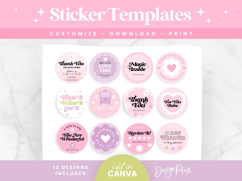 pink sticker templates to edit in canva for packaging and thank you labels