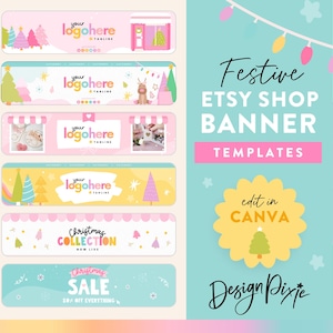 Peut inclure: Modèles de bannières de boutique Etsy festives aux couleurs pastel. L'image présente des sapins de Noël, des flocons de neige et le texte "Festive Etsy Shop Banner Templates". Modèles modifiables dans Canva.