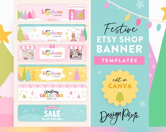 Playful Christmas Etsy Shop Banner Templates - Editable Canva Designs - Pastel Festive Holiday Shop Branding - CH01 Design Pixie