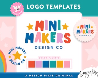 Fun Colorful Logo Design Template Canva - Bright Rainbow Kids Logo - Primary Colors with Stars - Playful Editable Branding CF01 Design Pixie