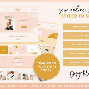 May include: A website mockup for an online store with a pink and gold color scheme. The website features a collection of products, a subscribe button, and a call to action to transform your store today. The text "The Vibes Collection" is featured on the website.
