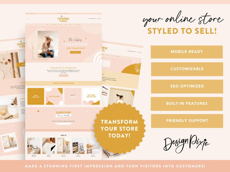 May include: A website mockup for an online store with a pink and gold color scheme. The website features a collection of products, a subscribe button, and a call to action to transform your store today. The text "The Vibes Collection" is featured on the website.