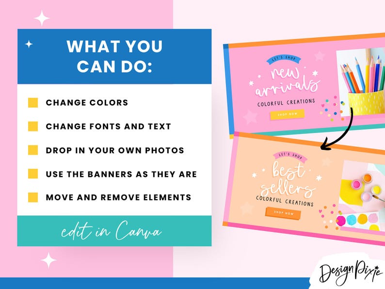 May include: A graphic design image with a blue section listing options: change colors, fonts, text, drop in photos, use banners, and move elements. Two banners read "New Arrivals" and "Best Sellers". The text "edit in Canva" is also present.