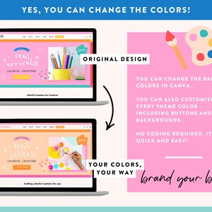 K&ouml;nnte beinhalten: Zwei Laptop-Bildschirme zeigen Website-Designs mit dem Text "Neuheiten" und "Bestseller". Ein rosa Hintergrund hebt den Text "Ja, Sie k&ouml;nnen die Farben &auml;ndern!" und "brand your biz" hervor. Das Bild zeigt auch einen Pinsel und eine Palette.