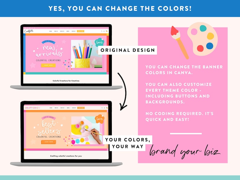 K&ouml;nnte beinhalten: Zwei Laptop-Bildschirme zeigen Website-Designs mit dem Text "Neuheiten" und "Bestseller". Ein rosa Hintergrund hebt den Text "Ja, Sie k&ouml;nnen die Farben &auml;ndern!" und "brand your biz" hervor. Das Bild zeigt auch einen Pinsel und eine Palette.