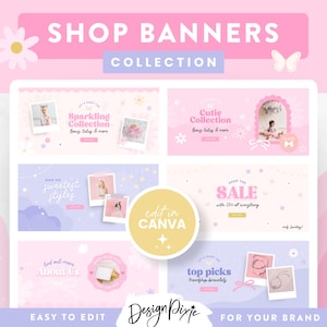 May include: A set of five pink and purple social media banners with floral and star accents. The banners feature text such as "Sparkling Collection", "Cutie Collection", "Sweetest Styles", "Shop the Sale", and "Find Out More About Us".