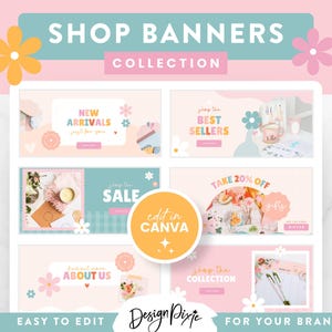 Peut inclure: Une collection de six bannières de boutique colorées avec des motifs floraux et pastel. Les bannières présentent des textes tels que "Nouveautés", "Meilleures ventes", "Profitez de 20% de réduction", "Soldes", "À propos de nous" et "Découvrez la collection". Les bannières sont faciles à modifier dans Canva et sont parfaites pour promouvoir votre marque sur les réseaux sociaux.