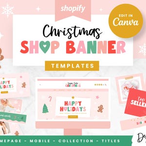 Puede incluir: Una colección de plantillas de banners navideños para tiendas Shopify. Las plantillas presentan un esquema de color rosa y verde con ilustraciones de bastones de caramelo, figuras de pan de jengibre y árboles de Navidad. El texto "Christmas Shop Banner Templates" se muestra en una fuente grande y en negrita.