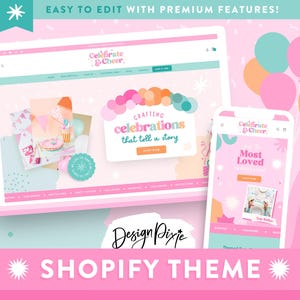Tema Shopify per feste - Modello di sito Web di e-commerce divertente per articoli per feste, palloncini, decorazioni, negozi di eventi - Design del negozio CE01 Design Pixie