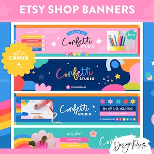 以下が含まれることがあります： 遊び心のあるデザインの Etsy ショップバナーのコレクション。バナーには、風変わりなフォントの「Confetti Studio」というテキスト、カラフルなイラスト、星、および「Edit in Canva」というフレーズが表示されます。 全体的なテーマは明るく陽気です。