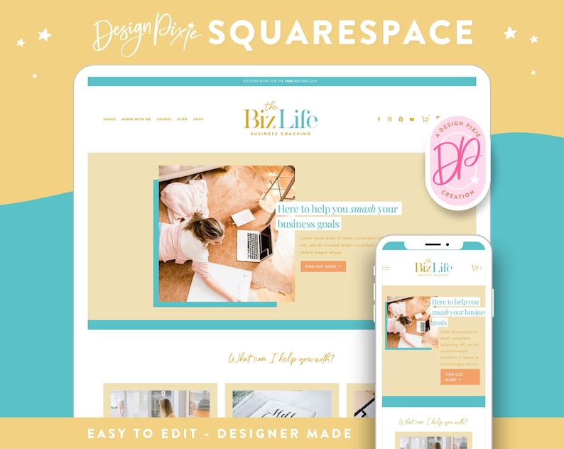 K&ouml;nnte beinhalten: Ein Website-Design-Template f&uuml;r Squarespace, dargestellt auf einem Desktop und Mobilger&auml;t. Das Design verwendet eine helle Farbpalette und enth&auml;lt den Text "the Biz Life" und "Here to help you smash your business goals". Der Text "Design Pixie" steht oben.