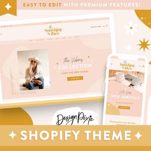 Boho Shopify Theme Template - Sunshine Vibes Website Design - Golden Yellow Bohemian Shop - Ecommerce Store Peach Banners SV01 Design Pixie
