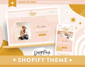 Boho Shopify Theme Template - Sunshine Vibes Website Design - Golden Yellow Bohemian Shop - Ecommerce Store Peach Banners SV01 Design Pixie