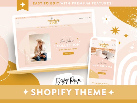Boho Shopify Theme Template - Sunshine Vibes Website Design - Golden Yellow Bohemian Shop - Ecommerce Store Peach Banners SV01 Design Pixie