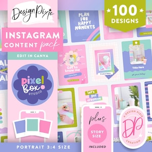 Op de afbeelding: Een verzameling Instagram-content sjablonen in pastelkleuren, waaronder roze, blauw en groen. De ontwerpen bevatten tekstoverlays, afbeeldingen en de tekst "INSTAGRAM CONTENT pack" en "EDIT IN CANVA". De afbeelding bevat ook de tekst "100 DESIGNS".