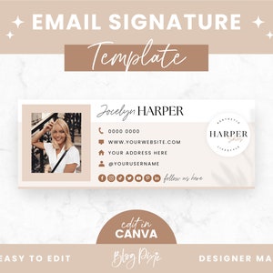 May include: A beige and white email signature template with a woman's photo, contact information, and social media icons. The text reads "Jocelyn HARPER", "0000 0000", "WWW.YOURWEBSITE.COM", "YOUR ADDRESS HERE", "@YOURUSERNAME", "follow us here", and "HARPER".