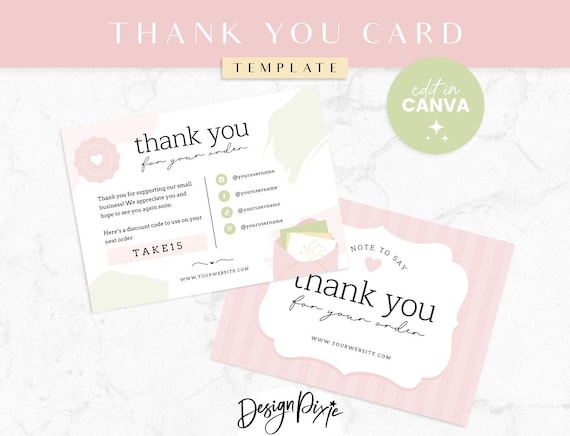Pretty Thank You Card Template Canva - Pink Thankyou Order Card - Fancy Feminine Branding - Small Business - PP01 Blog Pixie