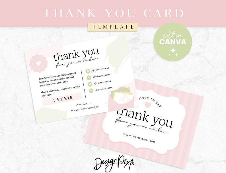 pretty thank you card template in a shabby chic design to edit in canva for feminine branding