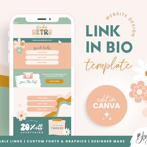 Puede incluir: Una maqueta de pantalla de teléfono que muestra una plantilla de enlace en bio con un diseño floral. La plantilla tiene un esquema de color verde y naranja e incluye una sección para enlaces rápidos, un formulario de registro y una venta del 20%. El texto "Studio Retro" y "Haga clic aquí" son visibles en la plantilla. El texto "Plantilla de enlace en bio" se muestra encima de la maqueta de pantalla de teléfono. El texto "Editar en Canva" se muestra en un círculo debajo de la maqueta de pantalla de teléfono. El texto "Blog Pixie" se muestra en la esquina inferior derecha de la imagen.