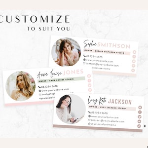 May include: Three business card mockups with pink and green accents. Each card features a headshot of a woman, her name, title, and contact information. The text on the cards includes "Sophie Smithson", "Anna Louise Jones", and "Lucy Kate Jackson".