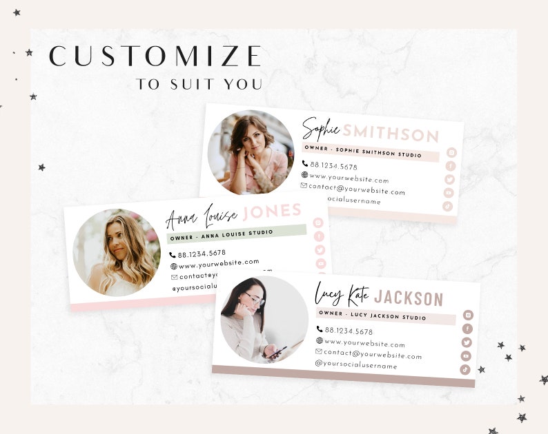May include: Three business card mockups with pink and green accents. Each card features a headshot of a woman, her name, title, and contact information. The text on the cards includes "Sophie Smithson", "Anna Louise Jones", and "Lucy Kate Jackson".