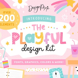 以下が含まれることがあります： 「The Playful Design Kit」というテキストが入ったグラフィックデザインキットの広告。画像はピンク色の背景に、虹や星などのデザイン要素が特徴です。キットにはフォント、グラフィック、色が含まれています。