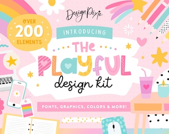 Playful Design Kit - Cute SVG Graphics - Creative Fonts - Rainbow Clipart Color HEX Palettes - Canva, Cricut, Procreate - PF01 Design Pixie