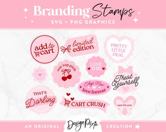 Coquette Aesthetic Branding Stamps - Marketing Graphics - SVG PNG Call to Action - Pink Red Bows Cherries - Fun Branding CQ01 Design Pixie