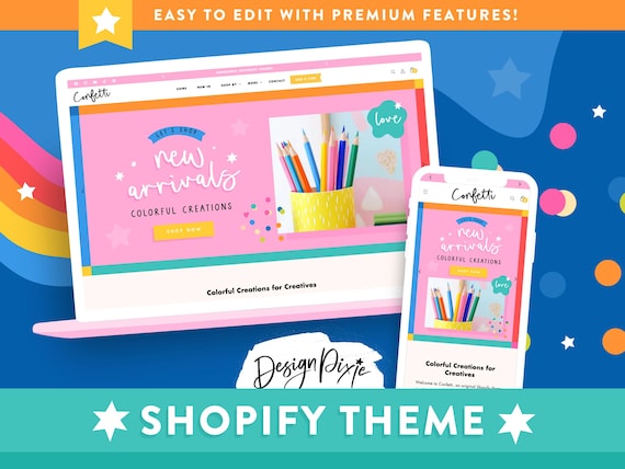 Confetti Shopify Theme - Bright Colorful Online Store Design - Shopify Template Digital Products - Creative Shop Website - CF01 Design Pixie