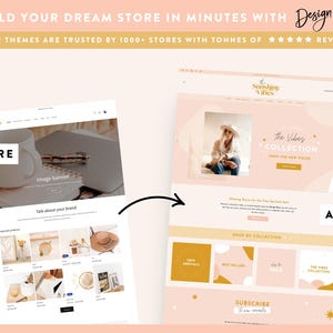 May include: Before and after image showing how to build an online store using a website template. The before image shows a basic website with a product grid and a header with the text "Sunshine & Vibes". The after image shows a more polished website with a hero image, a collection of products, and a call to action to subscribe.