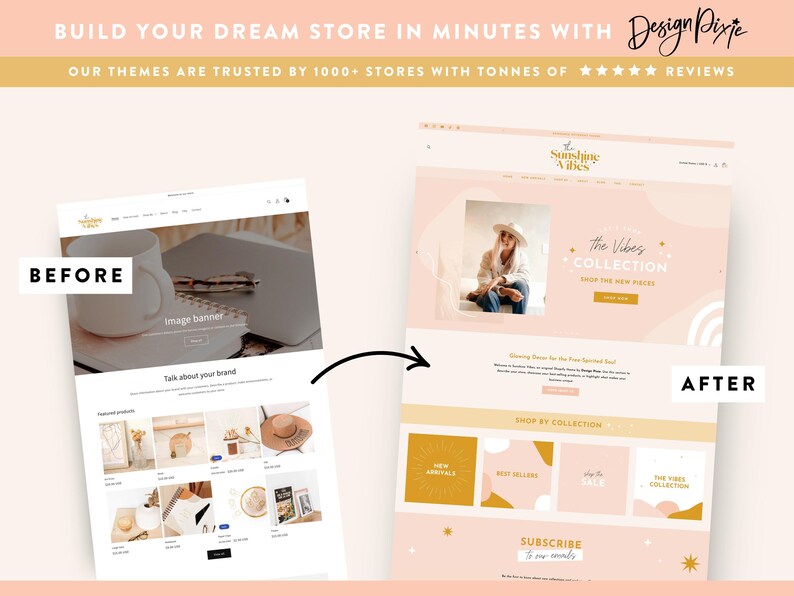 May include: Before and after image showing how to build an online store using a website template. The before image shows a basic website with a product grid and a header with the text "Sunshine & Vibes". The after image shows a more polished website with a hero image, a collection of products, and a call to action to subscribe.