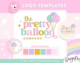 Pretty Pastel Logo Design Template with Balloons - Editable Canva Logo - Party Shop Logo Business Branding Pastel Rainbow PS01 Design Pixie