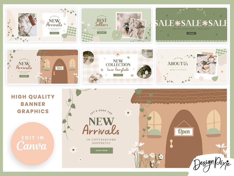 K&ouml;nnte beinhalten: Ein Satz von sechs Social-Media-Bannern mit Cottagecore-&Auml;sthetik. Die Banner zeigen ein braunes Haus mit einem gr&uuml;nen Ranken, wei&szlig;en Blumen und dem Text "Let's Shop the New Arrivals in Cottagecore Aesthetic".