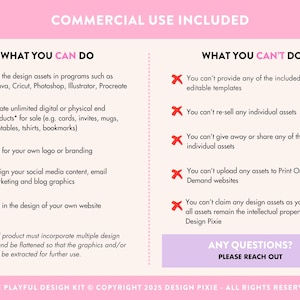 Pode incluir: Um gr&aacute;fico de informa&ccedil;&otilde;es de licen&ccedil;a digital com um cabe&ccedil;alho rosa intitulado COMMERCIAL USE INCLUDED. O lado esquerdo lista os usos permitidos com marcas de verifica&ccedil;&atilde;o verdes, enquanto o lado direito lista os proibidos com marcas X vermelhas.
