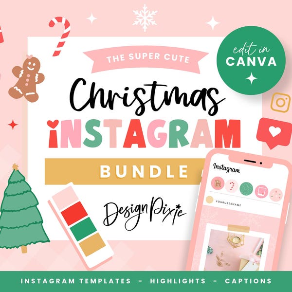 Jul Instagram Mall Bundle Canva - Jul Instagram Story Idéer - Festliga Instagram Post Mallar Rosa - CH01 Blog Pixie