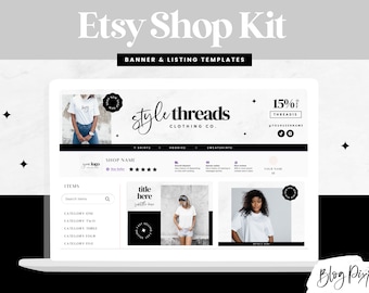 May include: A laptop screen mockup showing an Etsy shop banner and listing templates. The banner features the text "style threads clothing co." and a 15% off sale. The listing templates include a product image, title, description, and price. The shop name is "SHOP NAME".