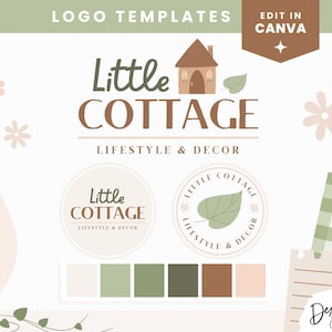 May include: Logo template for a business called "Little Cottage" that specialises in lifestyle and decor. The logo features a brown cottage with a white door and windows, a green leaf, and the text "Little Cottage" in brown lettering. The text "Lifestyle & Decor" is also included in brown lettering. The logo is surrounded by a white background with green and brown accents.