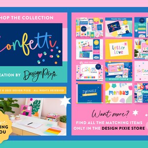 K&ouml;nnte beinhalten: Ein farbenfrohes Grafikdesign mit dem Wort "Confetti" in einer verspielten Schriftart, mit verschiedenen Designelementen. Das Bild enth&auml;lt eine Sammlung von Branding-Materialien, darunter Karten, Vorlagen und Stockfotos. Der Text enth&auml;lt "Shop the Collection" und "Creative Branding for You."