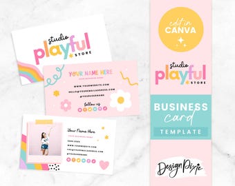 Cute Business Card Template Rainbow - Canva Business Card Design - Editable Business Card - Playful Branding - PF01 - Blog Pixie