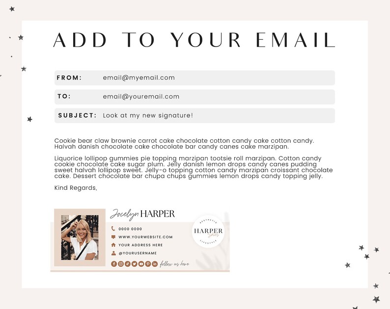 May include: A digital email signature template with a brown background and white text. The signature includes a photo of a woman, the name Jocelyn Harper, contact information, and the text "follow me here".