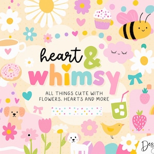 May include: A colourful illustration with the text "heart & whimsy" and the tagline "ALL THINGS CUTE WITH FLOWERS. HEARTS AND MORE." The image includes a bee, flowers, a rainbow, and a cupcake, all in a cute style.