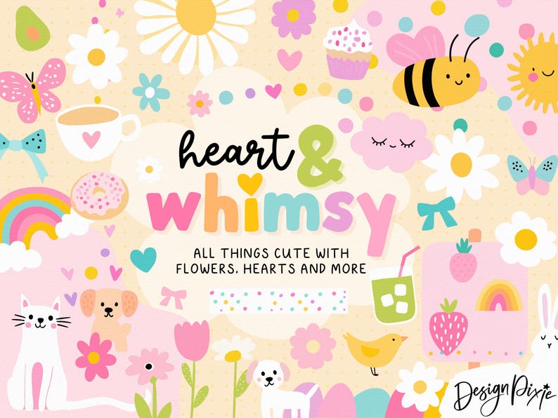 May include: A colourful illustration with the text "heart & whimsy" and the tagline "ALL THINGS CUTE WITH FLOWERS. HEARTS AND MORE." The image includes a bee, flowers, a rainbow, and a cupcake, all in a cute style.