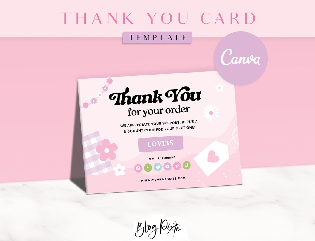 Pink Thank You Card Template Flower Canva Thankyou Order Card Pretty ...