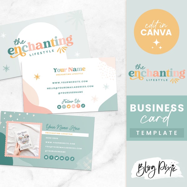 Business Card Template Colorful - Canva Business Card Design - Editable Business Card - Enchanting - Small Business Branding EN01 Blog Pixie