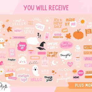 May include: A collection of pink and peach-colored digital stickers with various text and graphic elements. Includes phrases like "Best Seller," "Pumpkin Spice," and "Spooky Season," along with illustrations of a pumpkin, ghost, and coffee cup.