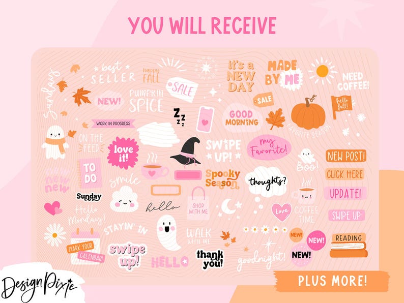 May include: A collection of pink and peach-colored digital stickers with various text and graphic elements. Includes phrases like "Best Seller," "Pumpkin Spice," and "Spooky Season," along with illustrations of a pumpkin, ghost, and coffee cup.