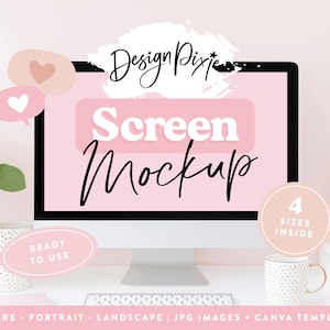 Könnte beinhalten: Ein Computermonitor-Bildschirm-Mockup mit dem Text Design Pixie, Screen Mockup, 4 SIZES INSIDE und READY TO USE. Das Display ist vor einem zartrosa Hintergrund mit dekorativen Elementen wie Sprechblasen mit Herzen platziert.