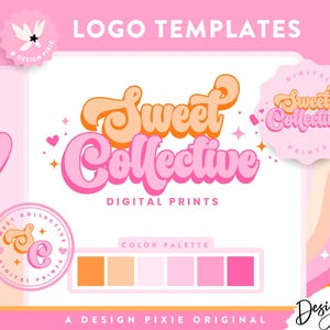 Retro Logo Design Editable Canva - Small Business Logo Template - Bright Pink Orange Logo With Hearts - Fun Bright Branding ST01 Blog Pixie