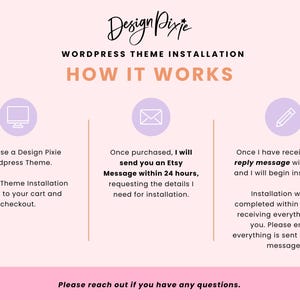 May include: A pink graphic with the text "Design Pixie" and "WordPress Theme Installation." The image details the installation process, including purchasing a theme, receiving an Etsy message, and installation within 3 days. Contact for questions.