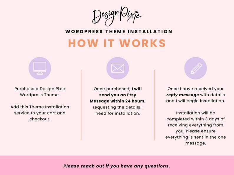 May include: A pink graphic with the text "Design Pixie" and "WordPress Theme Installation." The image details the installation process, including purchasing a theme, receiving an Etsy message, and installation within 3 days. Contact for questions.